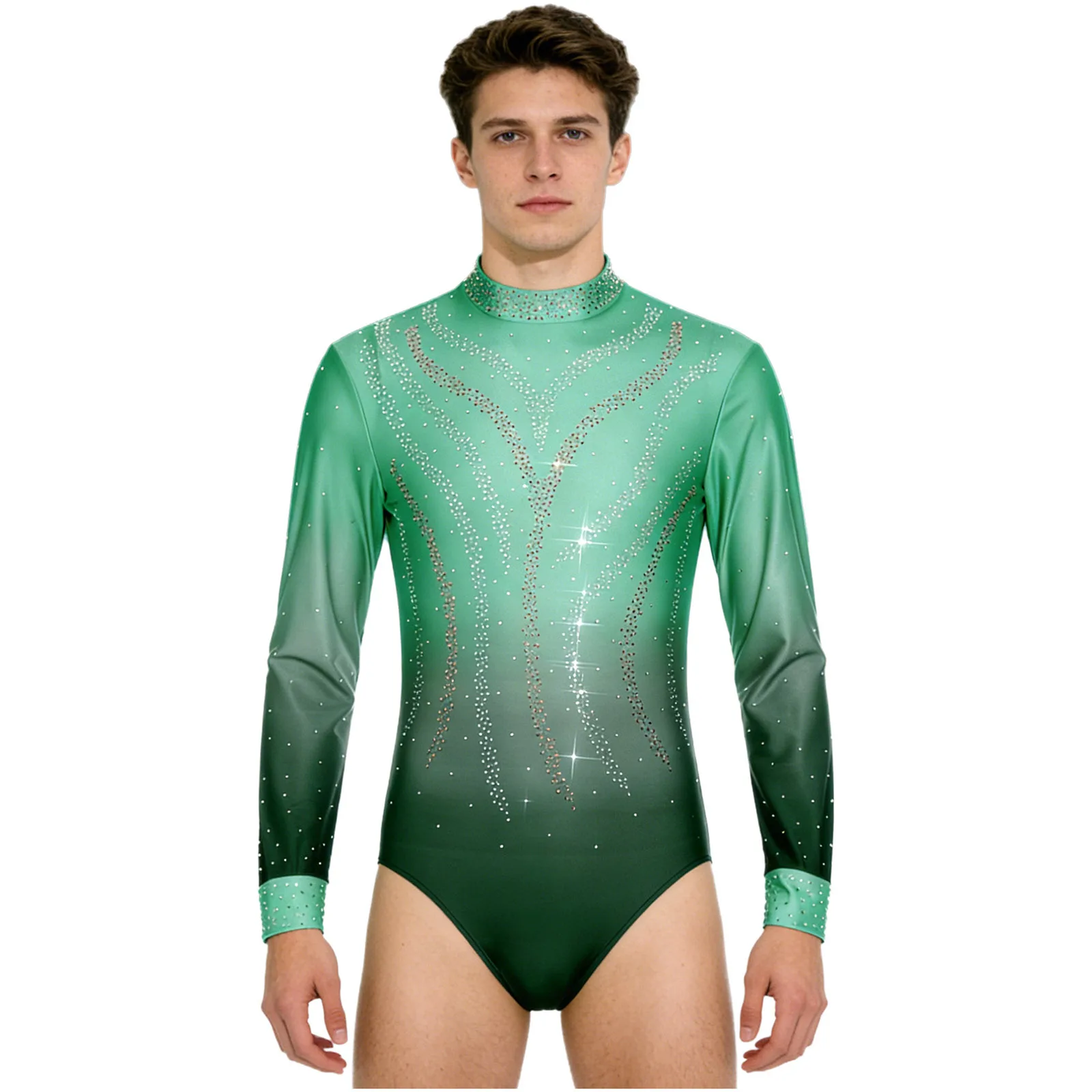 Mens Gymnastic Skating Latin Tango Ballroom Dance Leotard Costume Sheer Mesh Sparkly Rhinestone Disco Bodysuit Shirts Rompers
