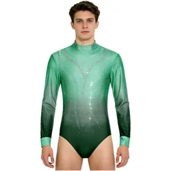 Traje de leotardo de baile de salón de Tango latino para gimnasia rítmica para hombre, traje de discoteca de malla transparente con diamantes de imitación brillantes, camisas, peleles