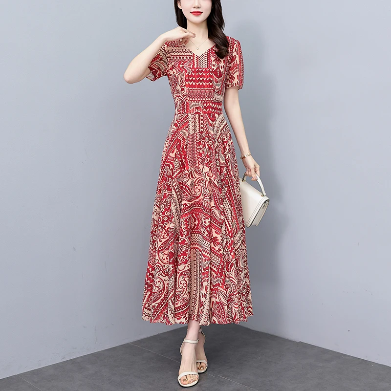 2025 Vintage Stampa Rosso Boho Midi Vestito Estivo Elegante Donna Aderente Party Night Abito Lungo di Lusso Coreano Casual Abito Floreale in Chiffon