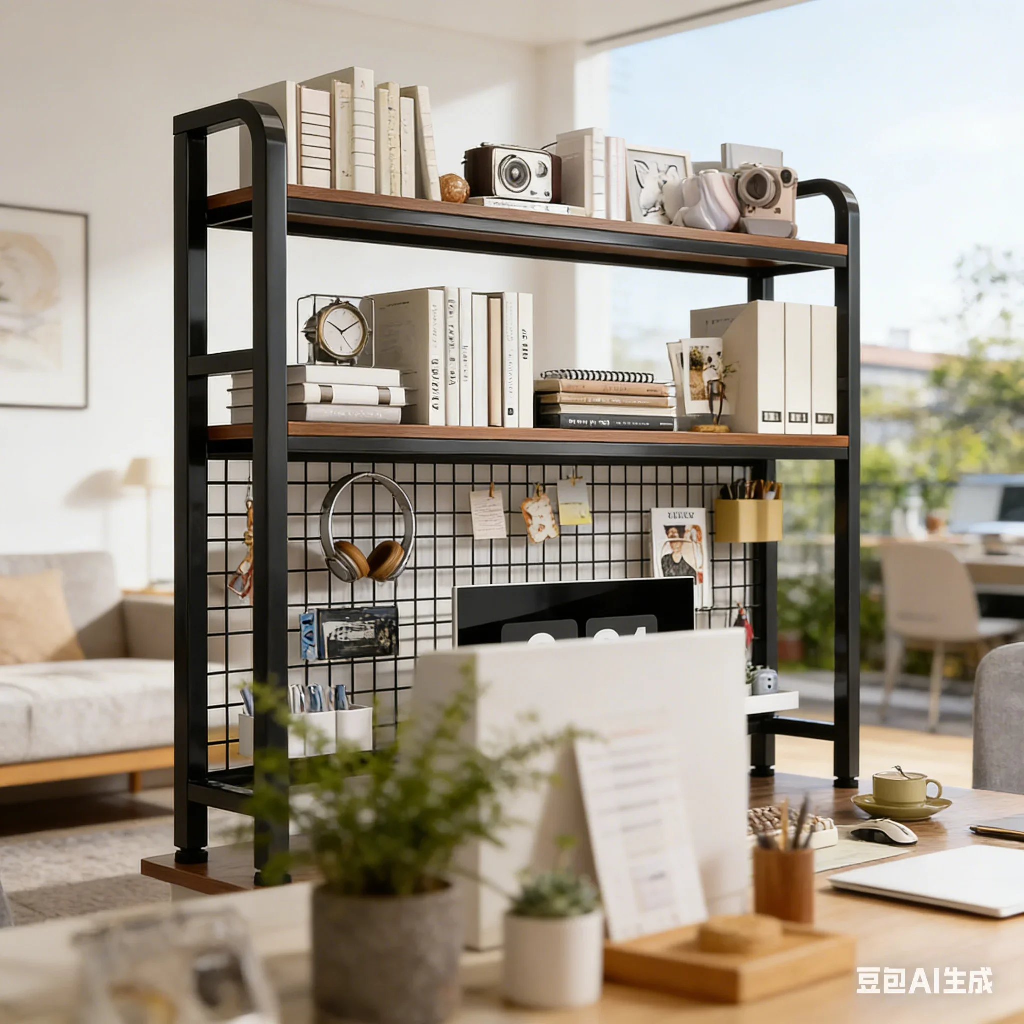 AOLIVIYA Modern Grid Storage Rack Desktop Multi Layer Bookshelf For Student Desk Computer Elevated Iron Art Shelf Light B578324