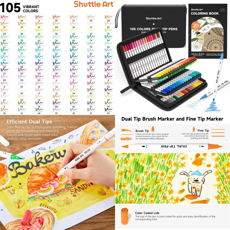 

Набор маркеров Shuttle Art с двумя наконечниками, 105 цветов, набор маркеров с тонкими кончиками кистей в портативном футляре с 1 книжкой-раскраской для Wate