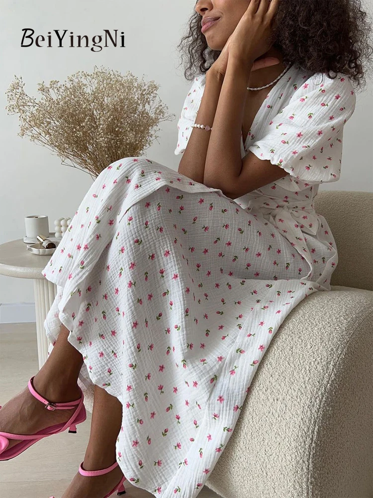 Beiyingni 2025 été femmes robe français élégant coton imprimé fleuri longues robes femme à lacets col en v vacances rose robes