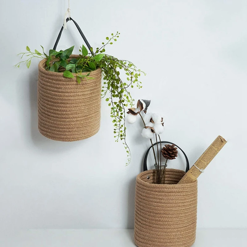 Cesta de suspensão de juta de 2 pacotes - 7,87 x 7 polegadas pequena cesta de suspensão de samambaia tecida plantas de flores, cesta de juta tecida