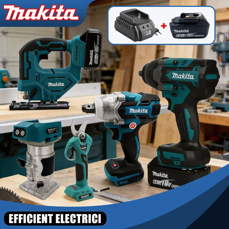 

Многофункциональные электроинструменты Makita: электрические садовые ножницы, электрический ударный гайковерт, аккумуляторная дрель, электрический лобзик.