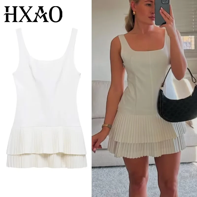 Hxao vestidos femininos plissados 2025 verão sem mangas vestidos curtos em camadas deslizamento vestido elegante sem costas mini vestido 088