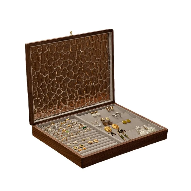 

Ring earrings storage box, high-end exquisite, wooden hand jewelry stud earrings box wedding gift.