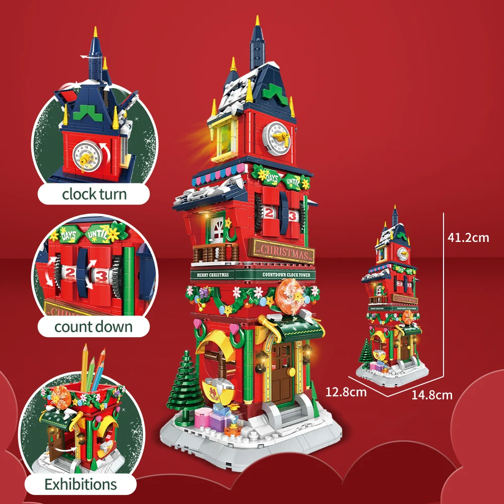 Ciudad creatividad invierno pueblo Nochebuena cuenta regresiva torre modelo bloques de construcción juguetes para niños regalo de Navidad