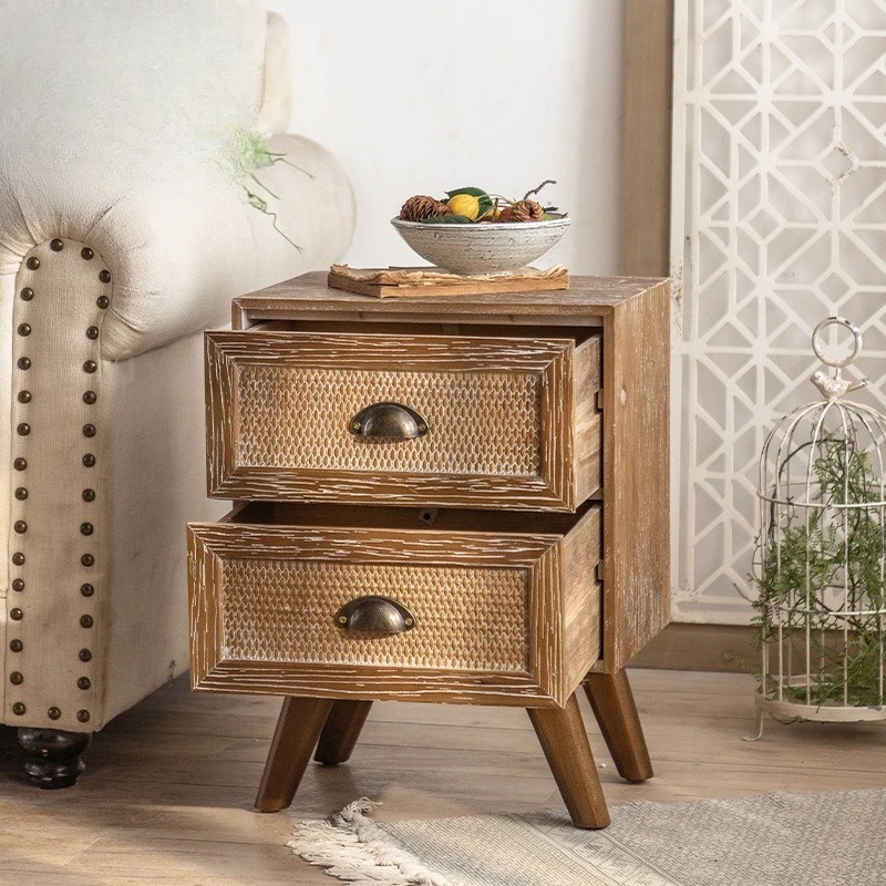 Mesita de noche de madera maciza wabi-sabi wind, almacenamiento de sofá para sala de estar, cama y desayuno, mueble lateral americano de registro de dormitorio retro