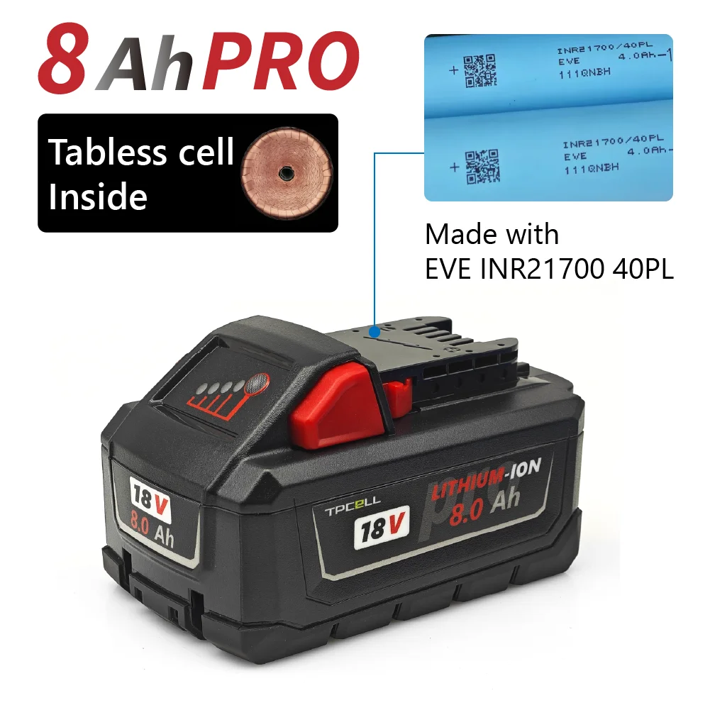 TPCELL tabless 8/10Ah For Milwaukee M18 Batteries 21700 cells High Output Rechargeable Lithium ION 18V Battery