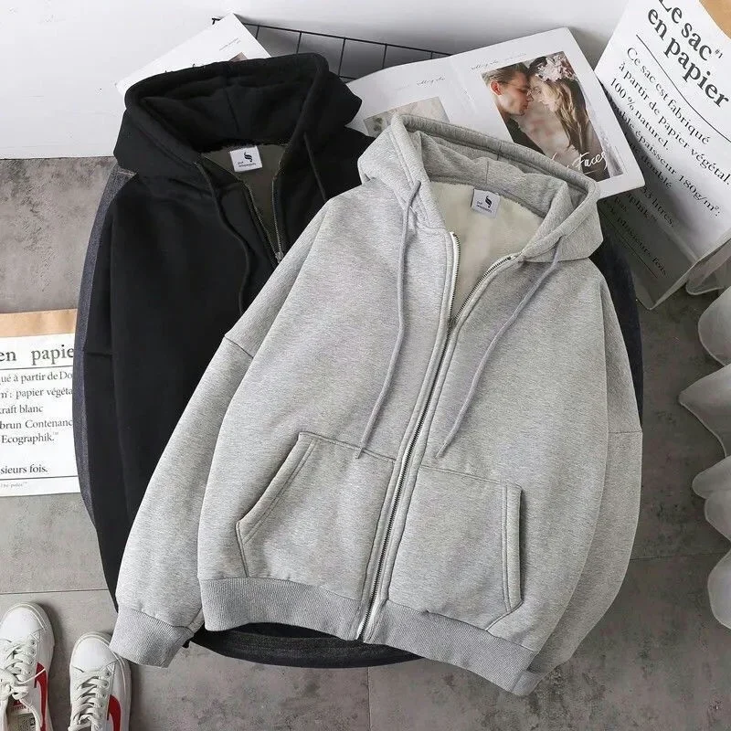 Men's Fleece Lined Hoodie Casual Loose Fit Zip up Sweatshirt Couple's Outerwear Sporty Style Oversized Autumn Winter Coat