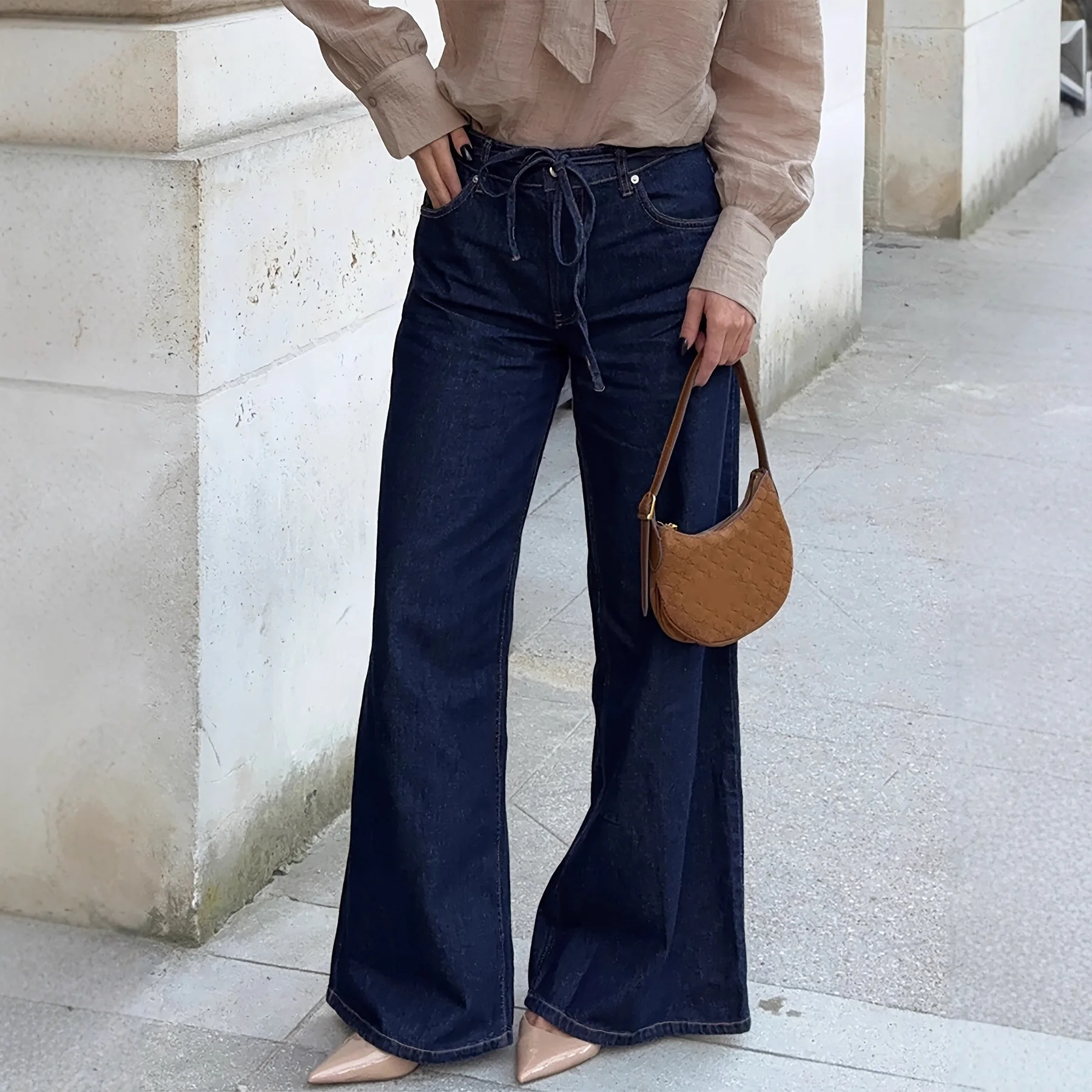 Denim Jeans Women Solid Jean Lace Up Pocket Full Length Zipper Fly Mid Waist Wide Leg Pants Loose Casual Streetwear 2025 Autumn