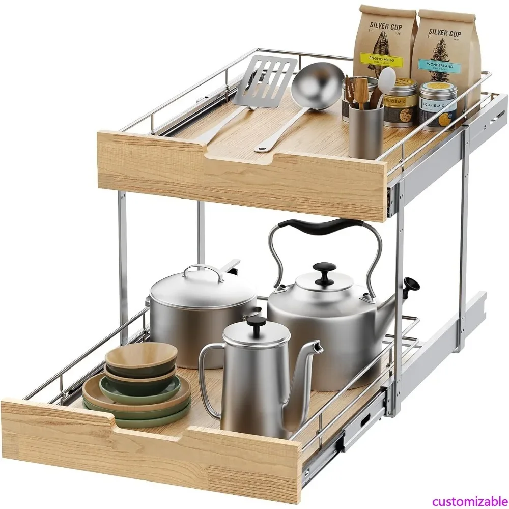 

Выдвижной органайзер для шкафа с возможностью индивидуальной настройки, сверхпрочная выдвижная полка, корзина из дерева и проволоки, выдвижной ящик для кухни под столешницу