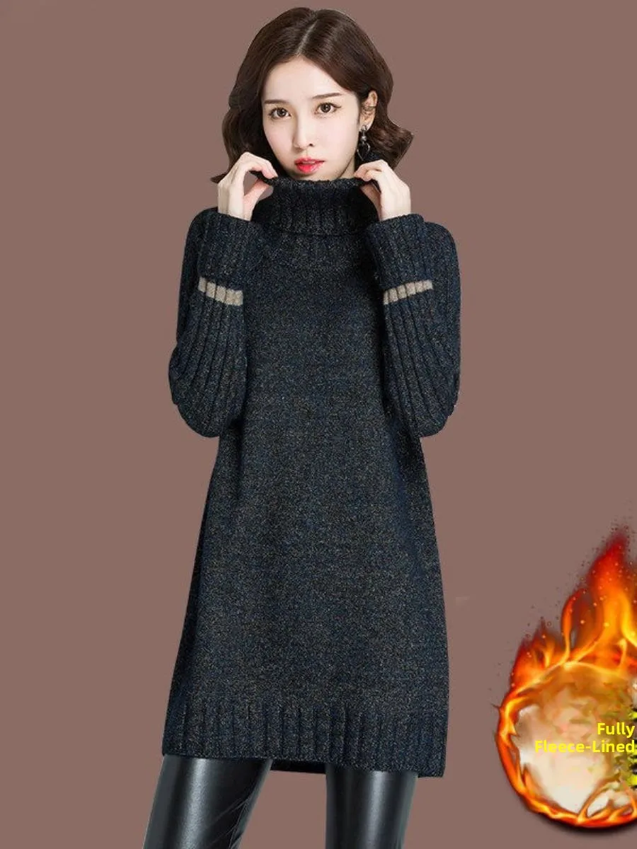 

Корейский вязаный свитер с высоким воротником, женский осенне-зимний новый свободный свитер средней длины на подкладке, модный теплый базовый свитер