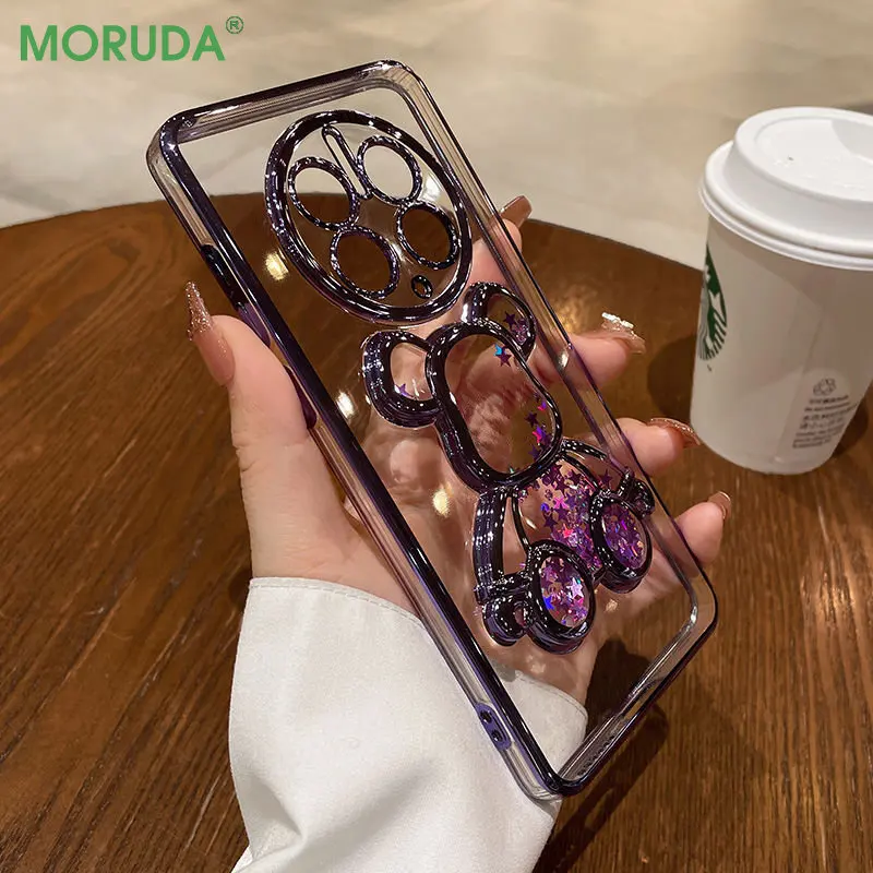 Cartoon Bear Glitter Quicksand Case for Huawei Mate 60 Pro 50 40 P60 P40 Honor 60 70 80 Nova9 Pro Transparent Plating Soft Cover