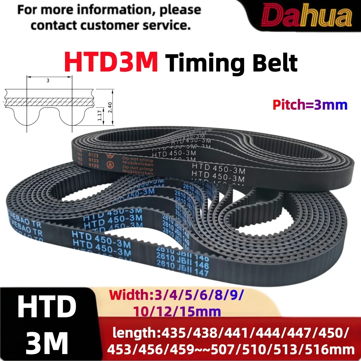 HTD3M Timing Belt Closed Loop Rubber Synchronous Belt 3mm Pitch 435-516mm L 3-15mm W for 3D Printer CNC Laser Engraver Machines