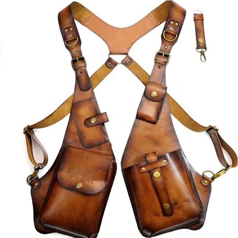 Medieval Steampunk Festival Leather Harness Bag Gothic Shoulder Phone Purse Holster Pouch Viking Pirate Double Hidden Pocket Bag