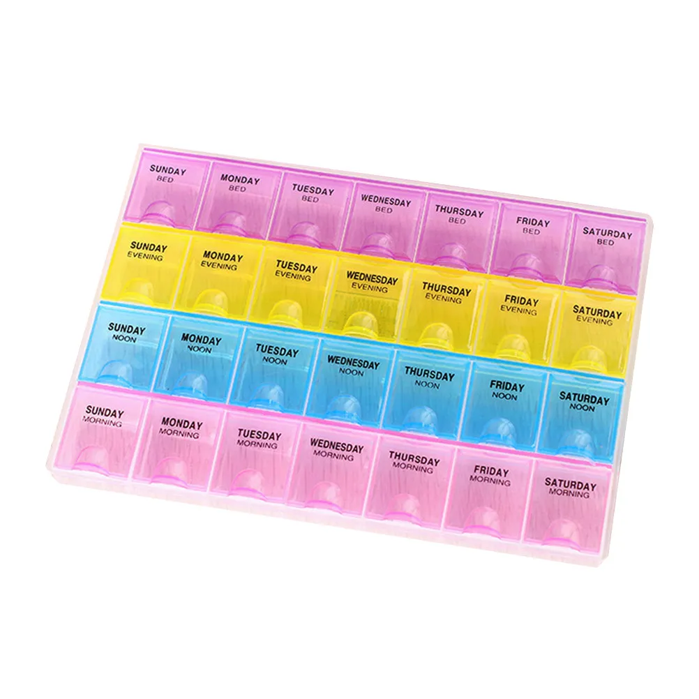 Weekly Pill Box 7 Days Organizer 28 Compartments 4X Daily Dosing Labeled Noon Night Backup Strong Plastic Lid