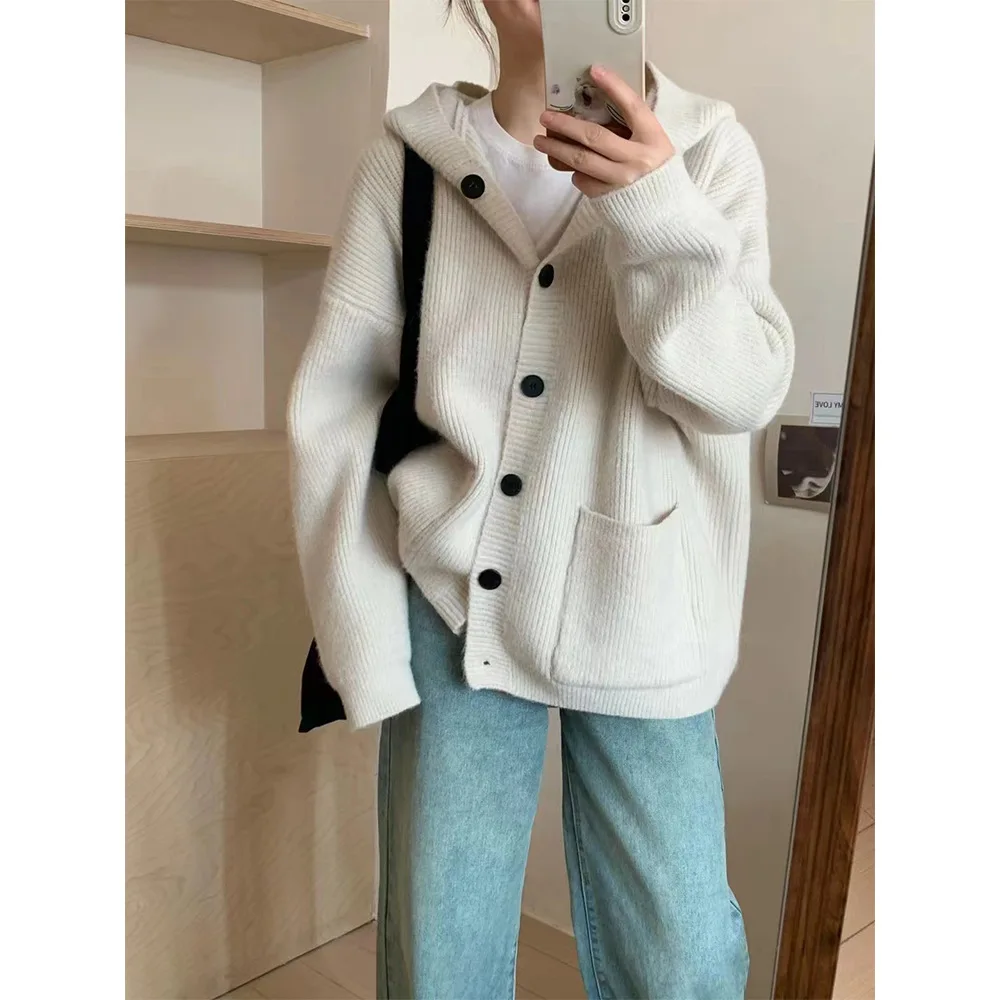 Cárdigan de punto grueso holgado de talla grande para mujer, abrigo de estilo perezoso, suéter con capucha suave y grueso de estilo coreano, otoño e invierno