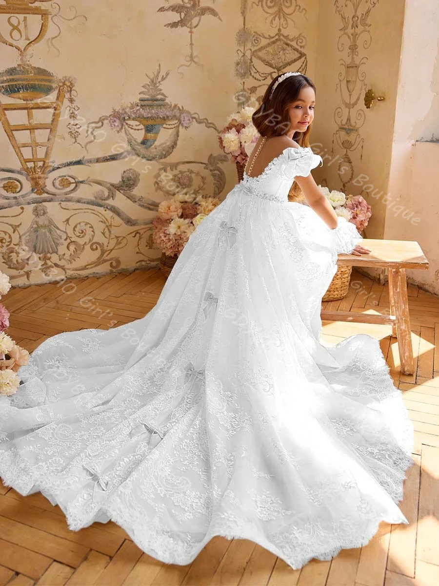 Ivoorkleurige kanten trouwjurk voor bloemenmeisjes Doorzichtige nekborstel Trein Optocht Communiejurk met strik Aangepaste feestjurk voor kinderen