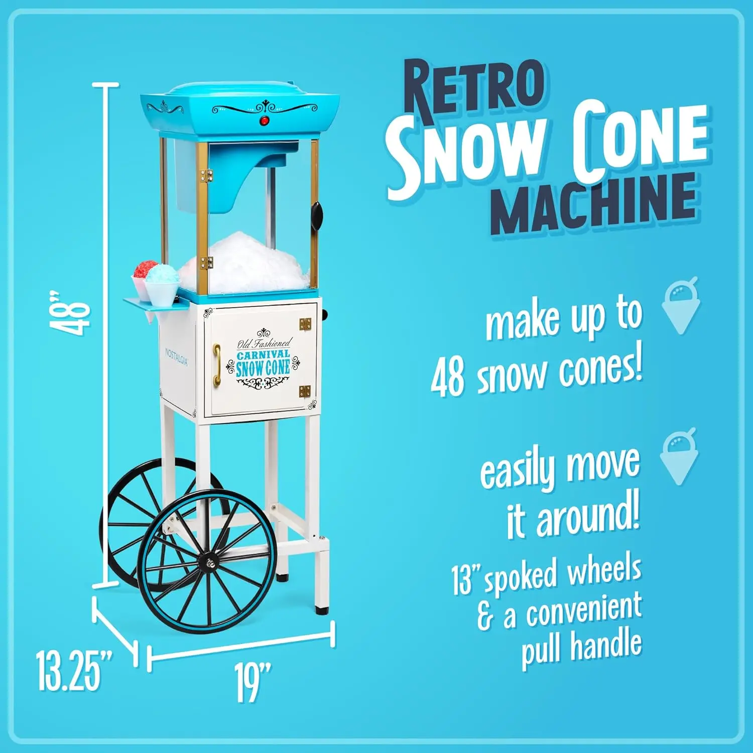 Snow Cone Shaved Ice Machine - Retro Cart Slushie Machine Makes 48 Icy Treats - Includes Metal Scoop, Storage Compartment, Wheel