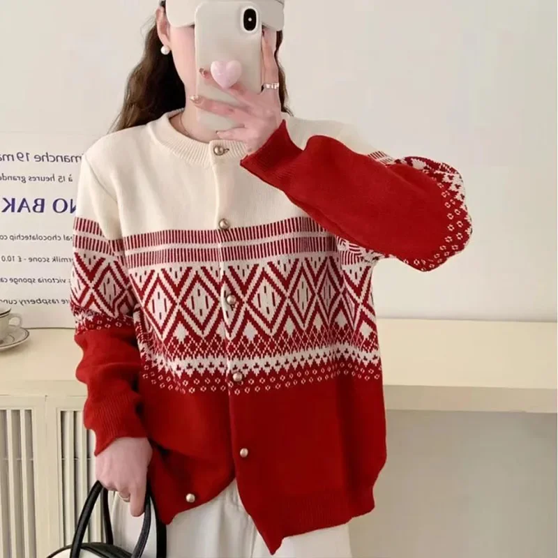 

Осень-зима, корейский ленивый стиль, ретро жаккардовый свободный и уменьшающий возраст мягкий и липкий вязаный кардиган, верхний свитер, куртка