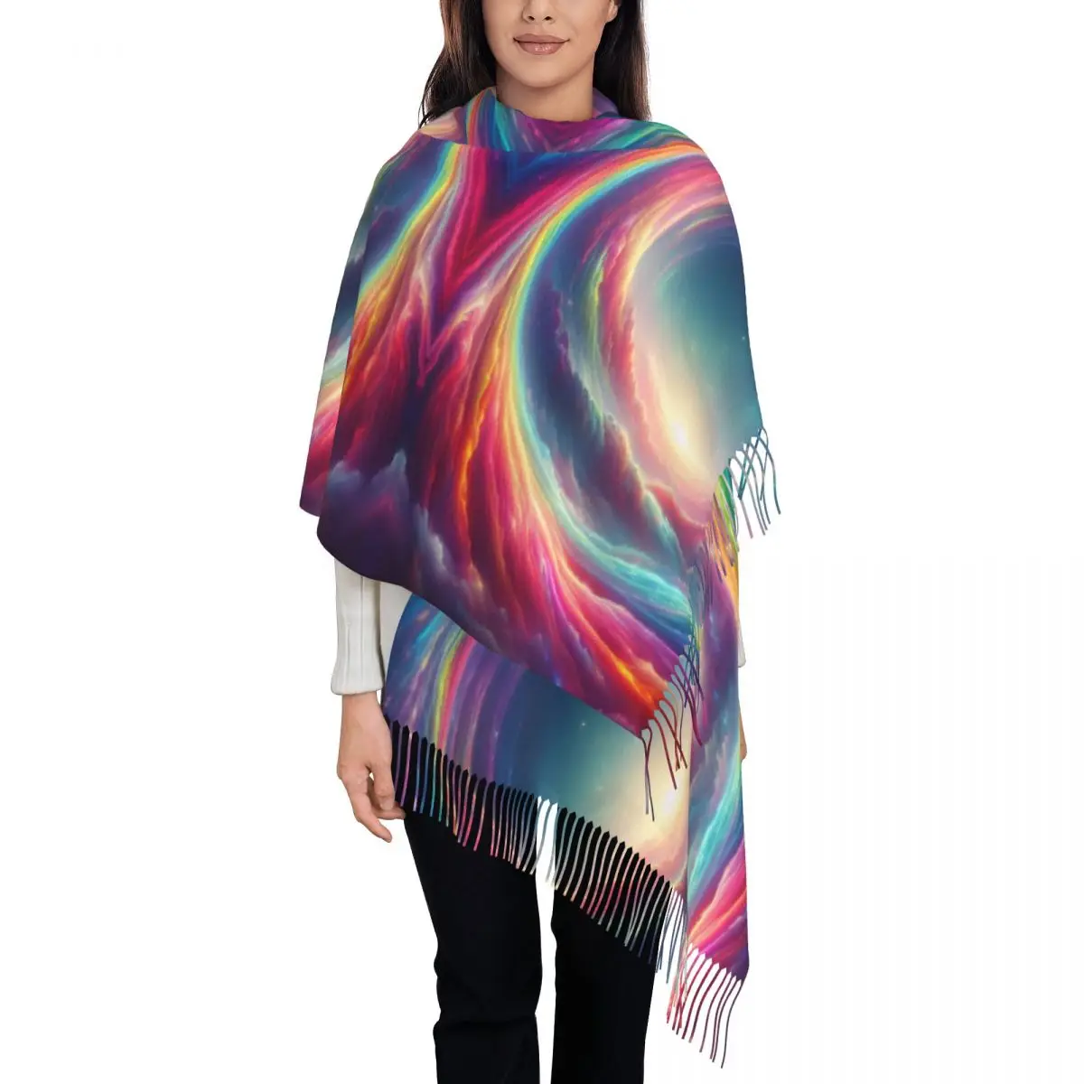 Regenbogen-geheimnisvoller magischer Schal für Damen, langer Winter- und Herbst-warmer Quastenschal, Unisex-Schals