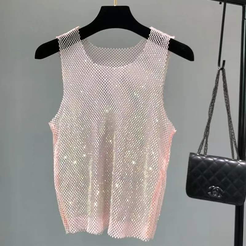 Herren Tanktop aus Netzstoff mit Strasssteinen, durchsichtiges Netzoberteil, glitzerndes Diamant-Design, sexy, figurbetont, ideal für Bodybuilding, Festival, Rave, Y2K-Outfit. – Detail 7