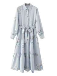 KAOPU ZA Women with belt floral print midi shirt dress vintage lapel-neck long sleeves female dresses vestidos mujer