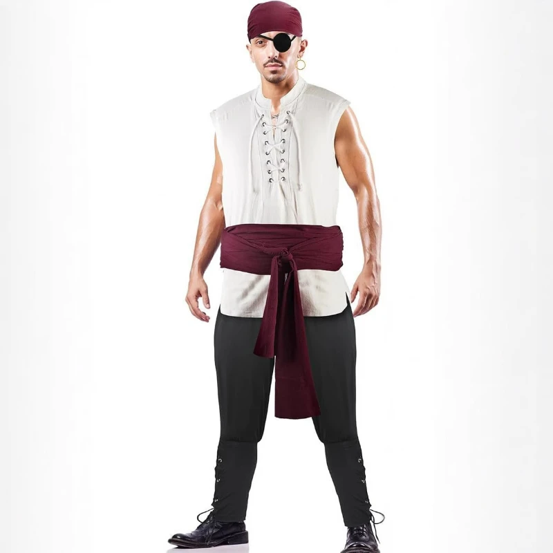 2-Piece Halloween Men's Renaissance Costume Set Medieval Pirate Shirt Ankle Strap Pants Comfortable Breathable and Skin-friendly