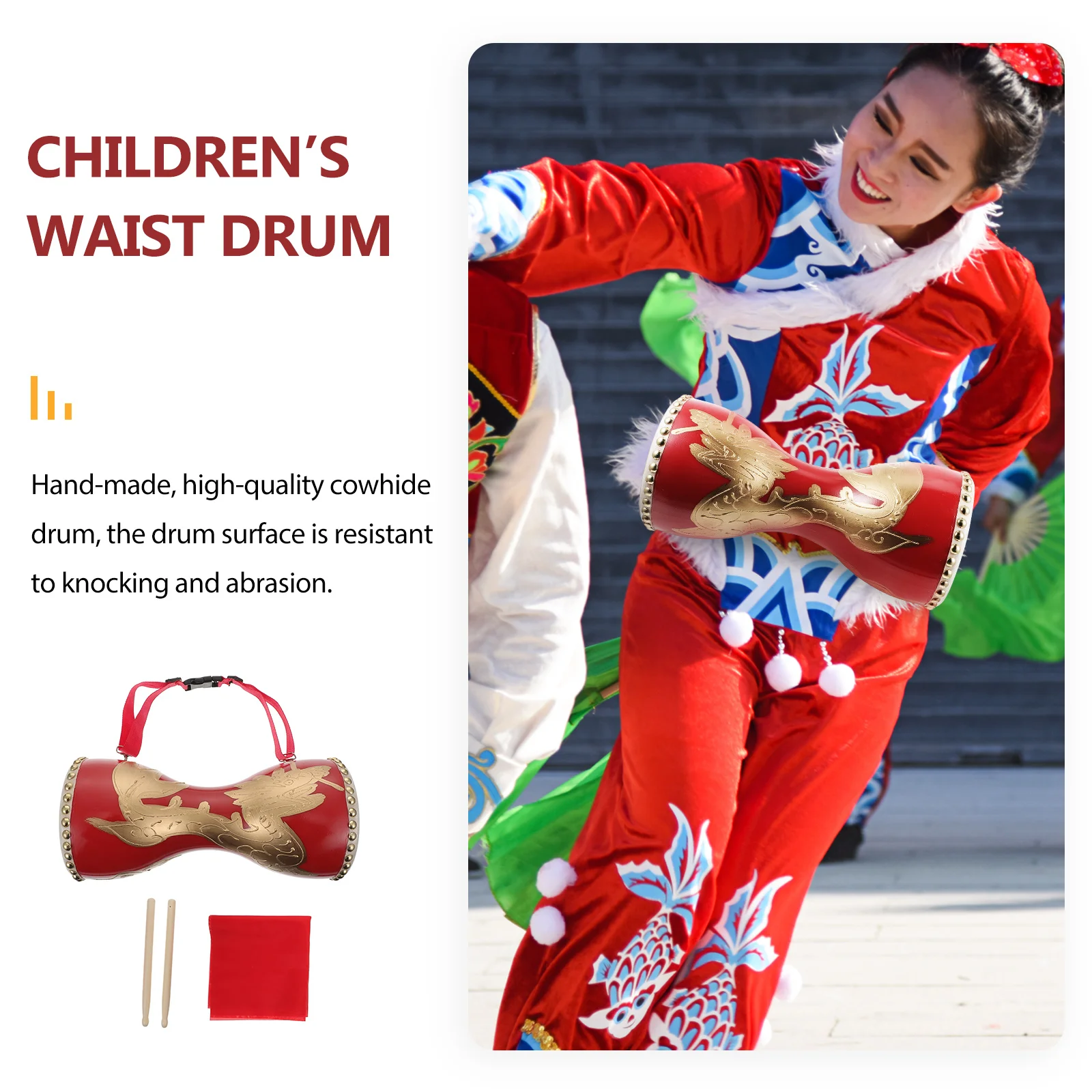 

Cowhide Drum Traditional Chinese Waist H Portable Fitness Instrument Durable Quality Adjustable Strap Performance