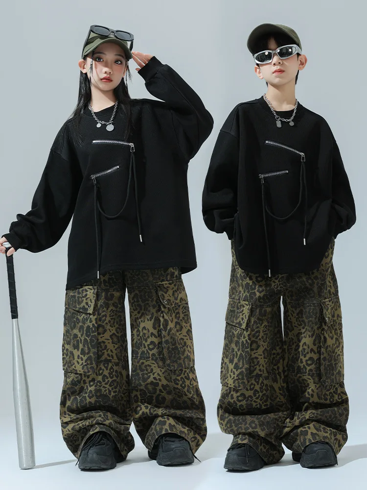 Kids Hip Hop Clothes Boys Loose Black Tops Leopard Pants Long Sleeves Jazz Practice Clothing For Girls Kids Street Wear BL14664