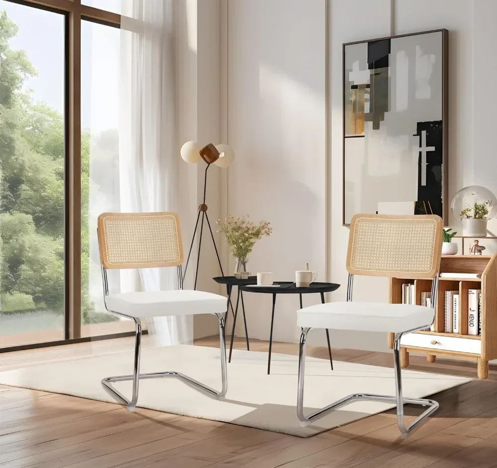 #For Rattan Dining Chairs Set of 6, PU Leather Mid Century Modern Dining Room Kitchen Side Chairs with Metal Chrome Legs&