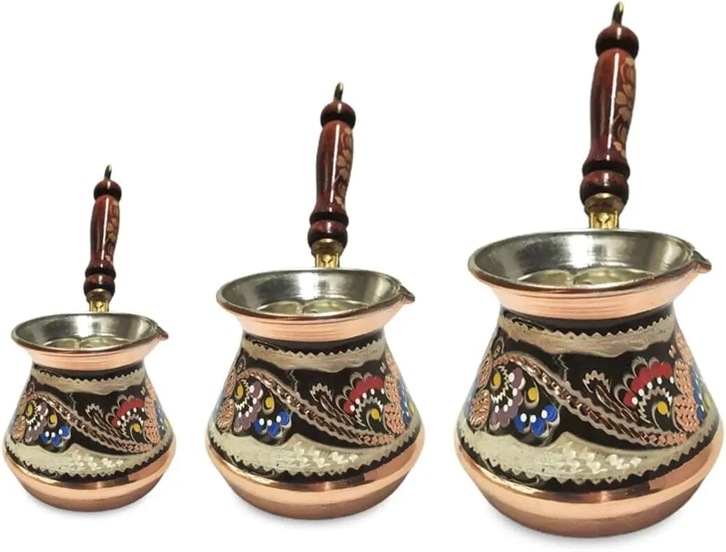 Set of 3 Handmade Copper Turkish Coffee Pots (Cezve) with Erzincan Engraving - Traditional Design for Serving Guests - Mixed