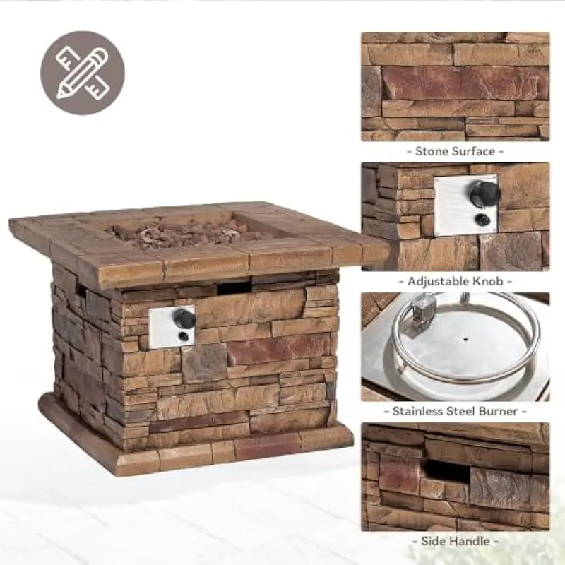 Outdoor magnesium oxide fire pit table 32 inch square classic design with stainless steel burner 50000 BTU propane fueled heat s