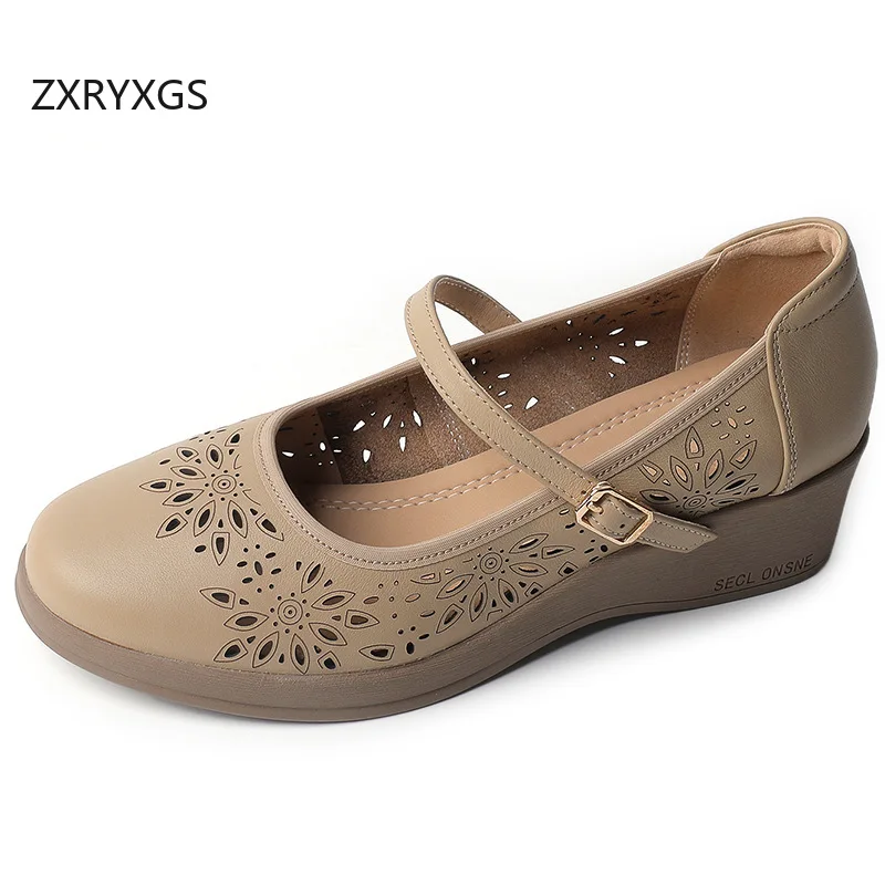 ZXRYXGS Genuine Leather Slope Heel Perforated Shoes for Women 2024 Plus Size Sandals Breathable Shoes Round Toe Cowhide Sandals