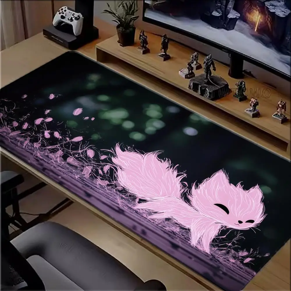 Cute Pink Nine‑Tailed Fox Art Large Desk Mat Mouse Pad Mousepad Non‑Slip Rubber Base  For PC Gaming Laptop Office Desktop Decor