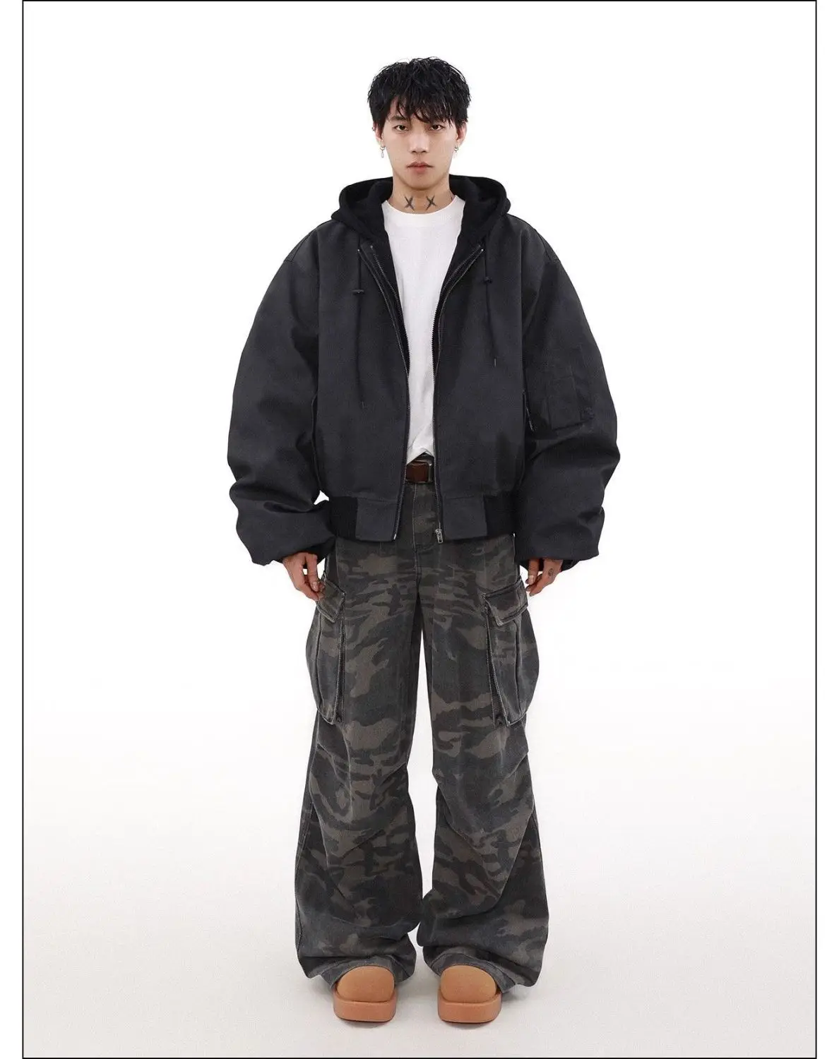 Hooded Fake Two-Piece Jacket Top For Men Women PU Leather Retro Casual Heavy Industry Puffs Handsome Loose Jacket