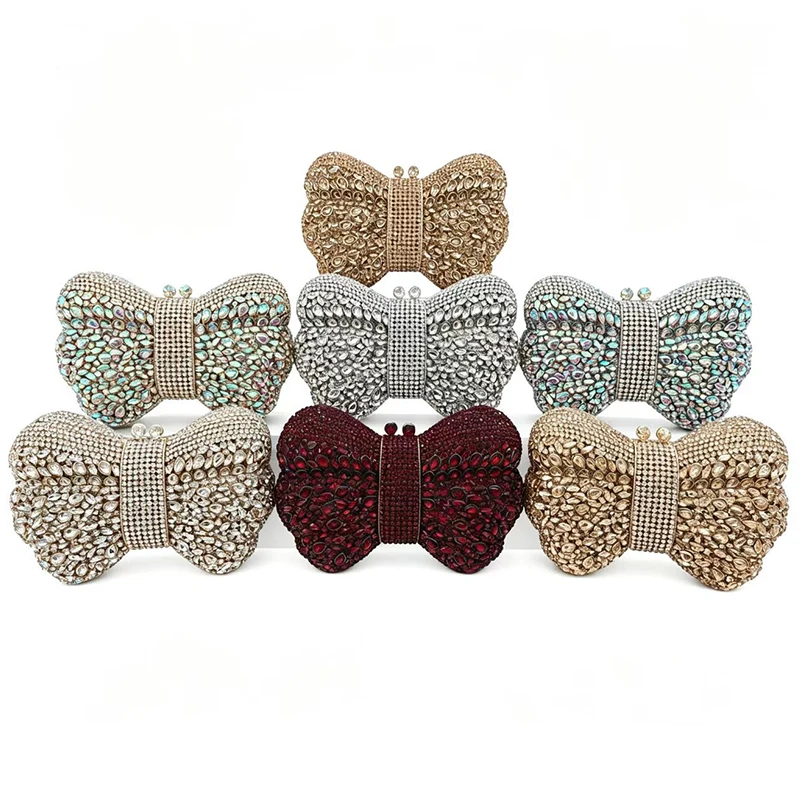 WHTUOHENG Gold AB Bow Bags Diamonds Crystal Evening Bag High-End Women's Flower Rhinestone Wedding Bridal Handbags Clutches Bags