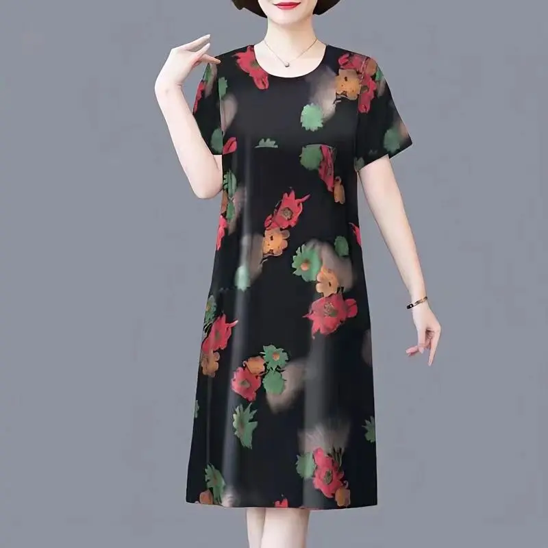 Summer Clothes for Women Ice Silk Multi-element Print Literature and Art Retro Round Neck A-line Short Sleeve Loose Midi Dresses