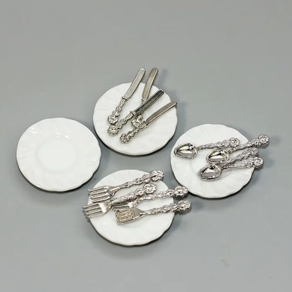 Dollhouse Ceramic Plate Fork Spoon Tableware Kitchen Food Furniture Toys For Dollhouse Miniature Accessories