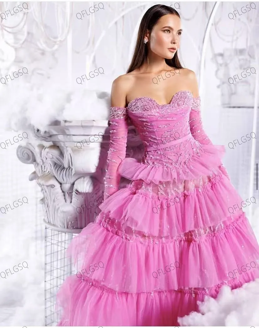 Brilhante rosa renda vestido de noite sem alças aparados vestidos de festa camada acima da camada tule até o chão vestidos de casamento de manga completa