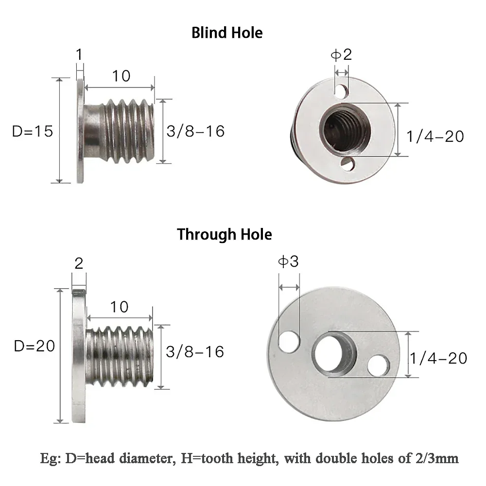 1Pcs Blind/Through Hole 3/8 to 1/4 Conversion Nut With Double Hole 303 Stainless Steel For connecting various cameras