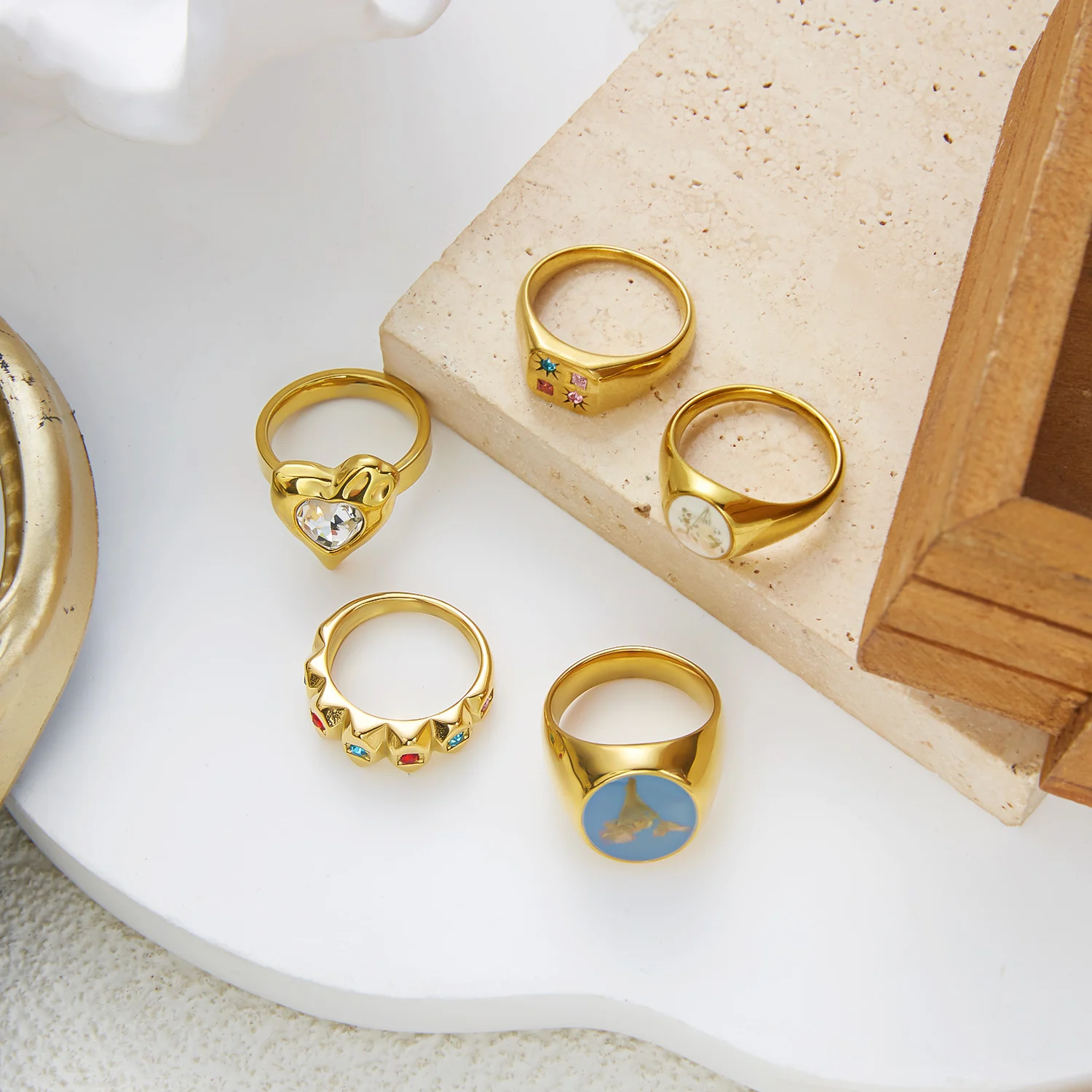 Vergoldeter Edelstahlring für Damen mit bunten Zirkonia-Steinen, unregelmäßigem Herz-, Quadrat- und Blumenmuster, verstellbar, Statement-Schmuck, Geschenk – Detail 8