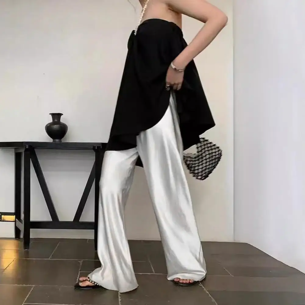 

Sporty Casual Pants Elegant Satin Draped Pants Women's Casual Wide-leg Trousers with Elastic Waist Floor Length Design Floor