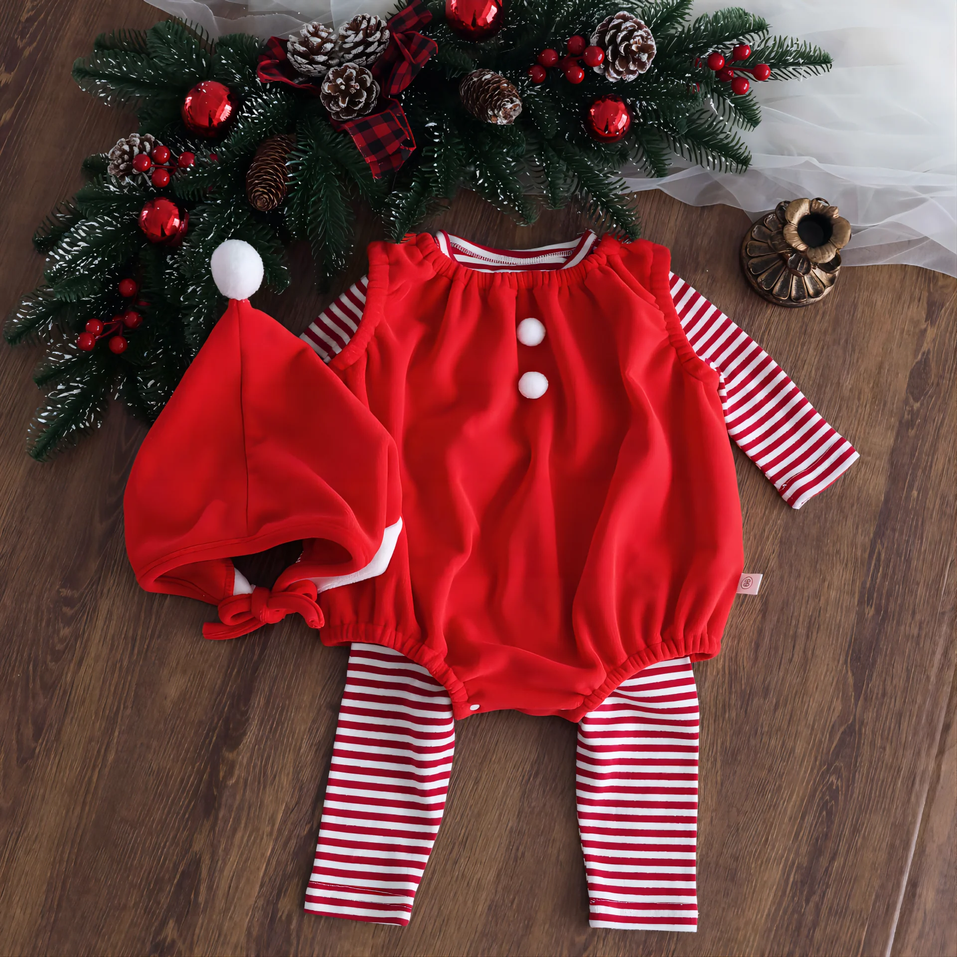 Baby Christmas Costume Cute Boys and Girls Children Hooded Sleeveless jumpsuit Striped Long Sleeve Pants Christmas Clothes 3 Pie