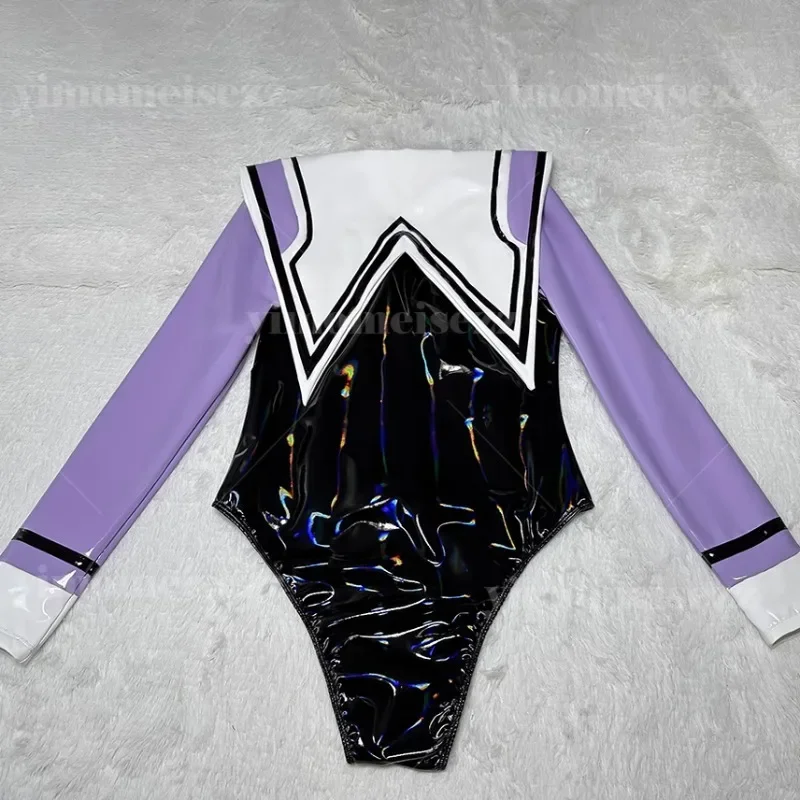 تخصيص الرقص كلية نمط بذلة حار فتاة ارتداءها لعب الأدوار تقليد مادة اللاتكس عالية شوكة مثير الخامس الرقبة تأثيري