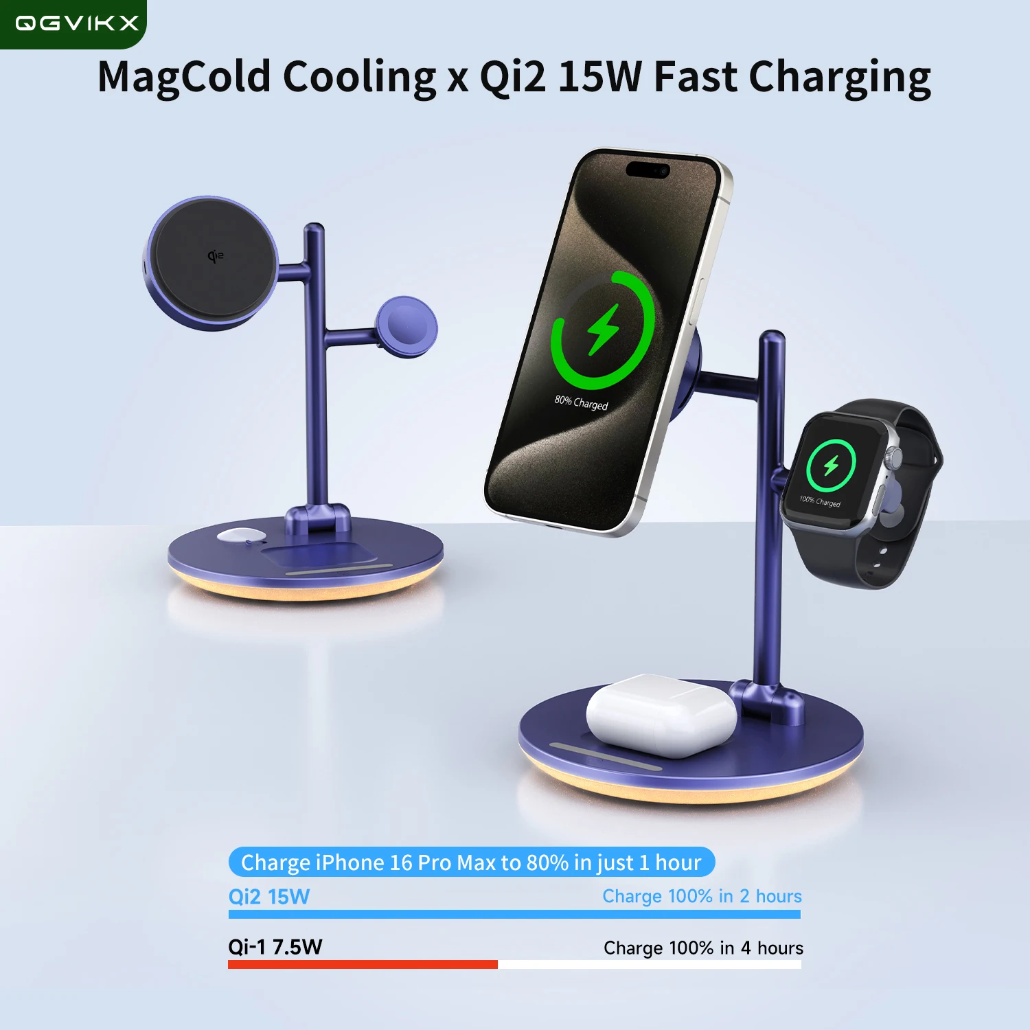 4-в-1 Беспроводная зарядная станция с магнитным охлаждением TEC Беспроводное зарядное устройство Qi2 15 Вт для телефонов Magsafe Apple Samsung, часов и наушников