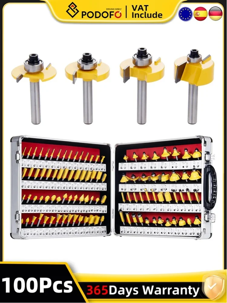 Podofo 100-teiliges Schaftfräser-Set 1/4 Zoll Schaft Holzbearbeitungs-Werkzeuge mit Hartmetallspitzen zum Kantenfräsen, Nutenfräsen, Schnitzen und Dekorieren