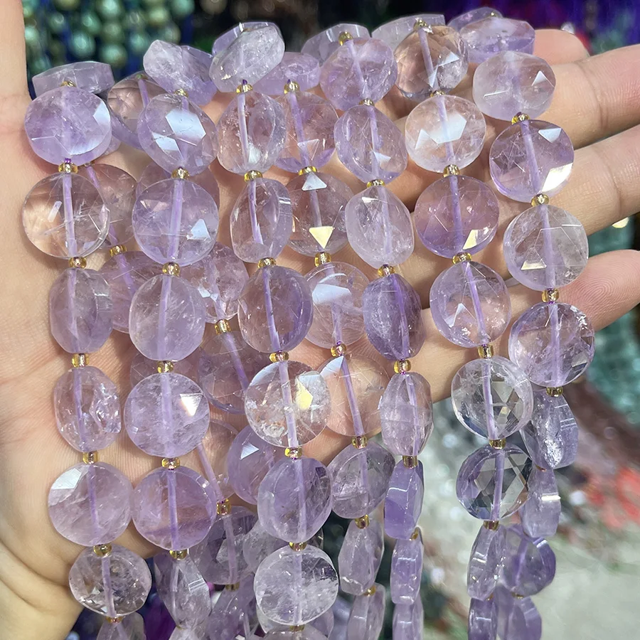 

Natural Stone Amethyst Crystal Round Cake Faceted Bead Loose Beads For DIY Handmade Bracelet Necklace Accessories 15'15mm