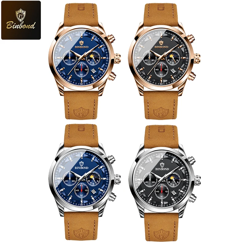 BINBOND Luxury Man Quartz Watch Waterproof Luminous Pointer Date Chronograph Leather Men Wristwatch Military Sports Male Watches